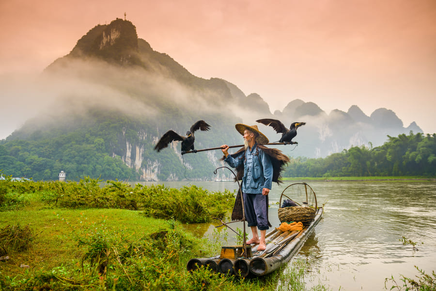 Pescador de comorán sobra una lancha en el rio Yulong en Yangshuo con montañas de fondo